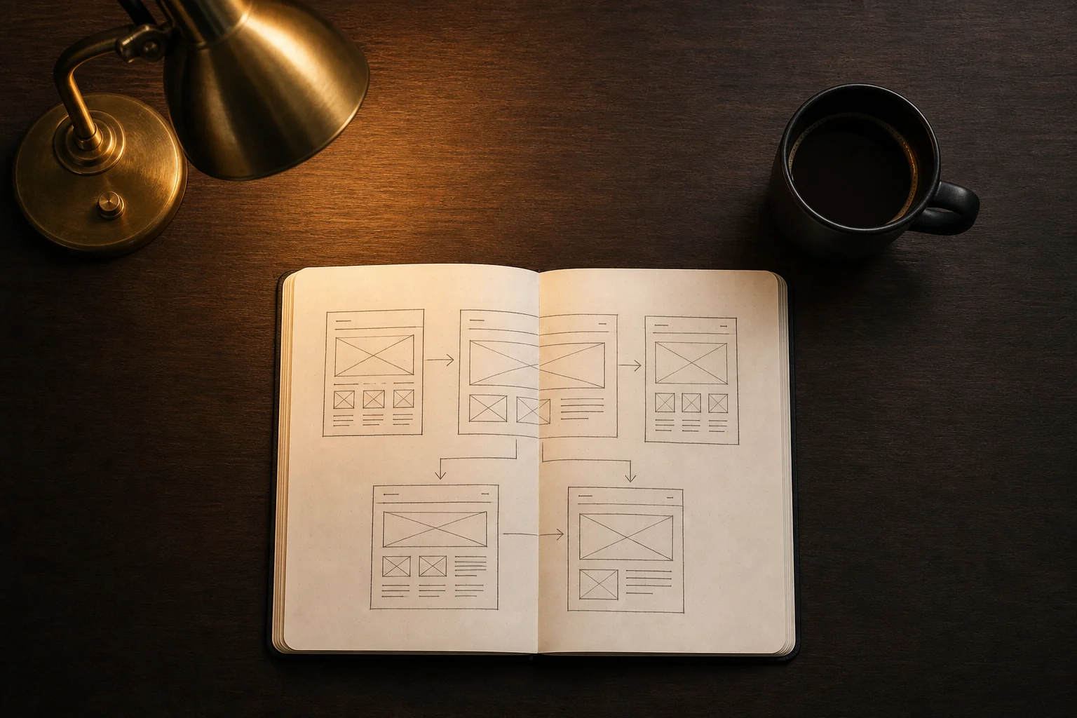 Meja strategi dengan wireframe halaman penjualan, laptop, dan catatan offer